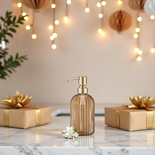 Image of 16 OZ Amber Glass Soap Dispenser, Amber Stripe Bathroom Hand Soap Dispensers with Stainless Steel Brushed Gold Pump,Brown Glass Kitchen Hand Soap Dispenser with Brushed Gold Pump,2 Packs