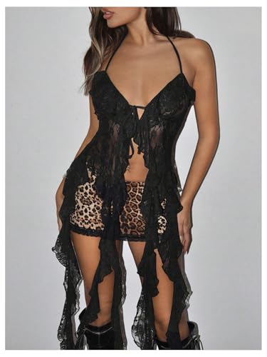 SweatyRocks Women's Y2k Lace Crop Halter Tops Sleeveless Asymmetrical Hem Sheer Flowy Tops4