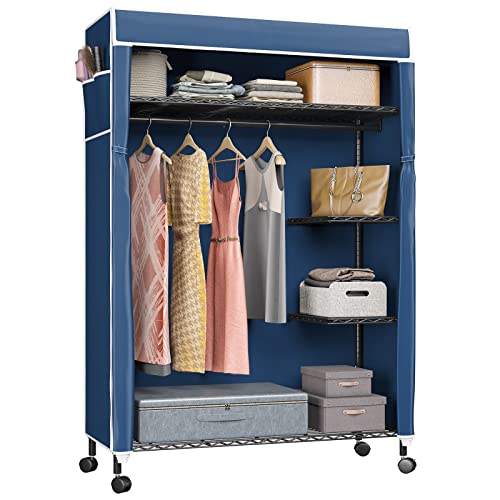VIPEK V11C Wire Garment Rack Rolling Clothes Rack 5 Tiers Heavy Duty Adjustable Portable Closet with Lockable Wheels Wardrobe Black Metal Clothing Rack with Blue Oxford Fabric Cover