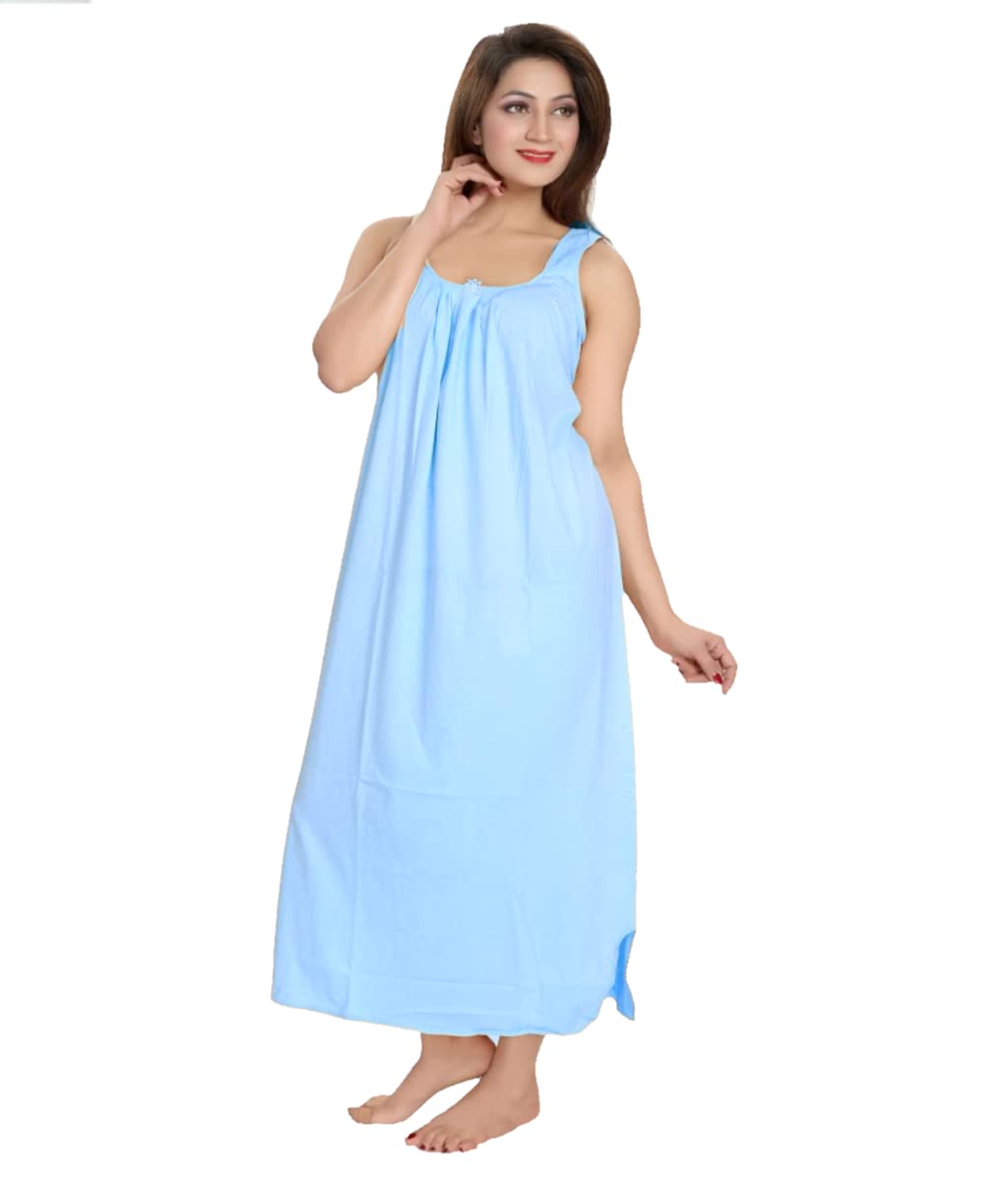 Full Length Women's Hosiery Cotton Fabric Long Nighty Slip/Camisole Slip/Night Wear Maxi for Women (Free Size, Sky Blue)-image-1