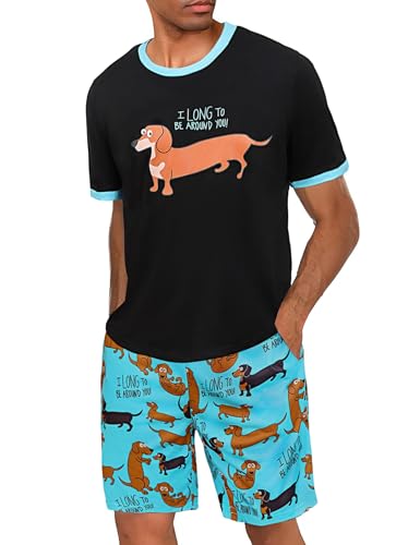 Demegimi Herren Schlafanzug Kurz Pyjama Baumwolle Sommer Nachtwäsche Lustiger Duckelhund T-Shirt und Schlafanzughose für Männer