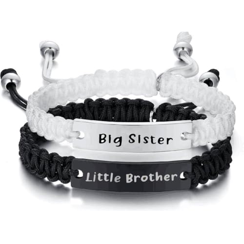 MEMORIALU Personalized Big Sister Little Brother Matching Relationship Bracelet Jewelry Gifts for Brother from Sister Set for 2 Family Black White Rope Woven Braided Adjustable Bracelets