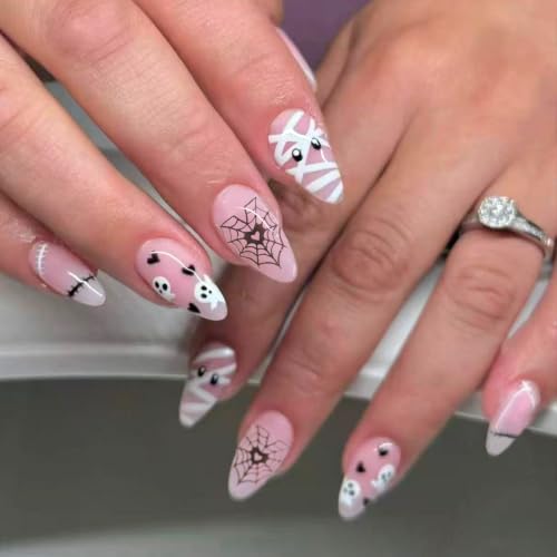 MAGLFELL Press On Nails- Scary Almond White and Black Handmade Halloween Fake Nails with Mummy and Ghost, 10 Pcs Spooky Reusable Acrylic False Nails for Women,M