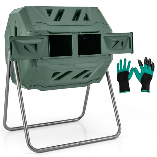 GYMAX Contenitore per Compostaggio da Esterno, Compostiera Girevole a Doppia Camera da 160 L con 2 Porte Scorrevoli, Telaio in Metallo, Compostiera Rotante BPA-Free per Rifiuti (Verde)
