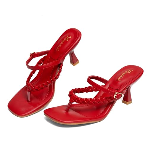 Women's Kitten Heels Open Toe Braided Strappy Heels Sexy Heeled Sandals Square Toe Thong Flip Flop 2 Inch Heel for Women2