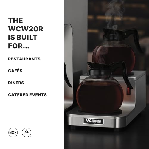 Image of Waring Commercial WCW20R Cafe Deco Double Coffee Carafe Warmer, Step Up Style, 120V, 5-15 Phase Plug | Double Step Up Burner, 70W Self-Regulating Heat Control, Stainless Steel Construction, NSF Certified for Restaurants & Cafes