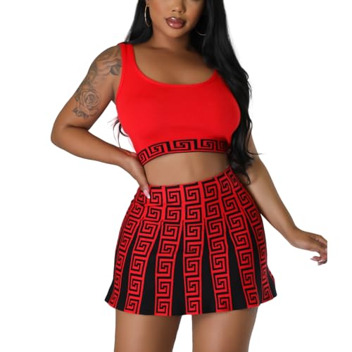 Fashion Round Neck Sleeved Pleated Skirt Two-Piece Knit Printed Dress