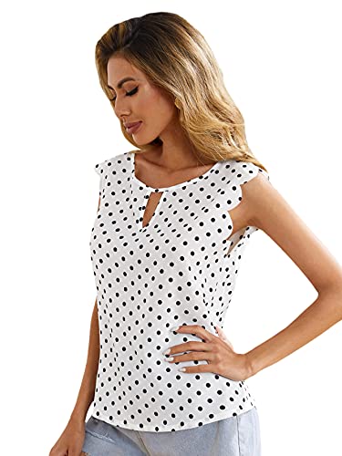 Romwe Women's Polka Dots Sleeveless Keyhole Neck Scallop Blouses Tops White M #TOP3