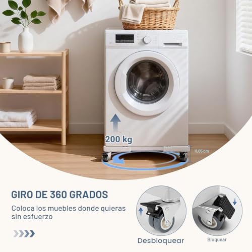 Miniatura 4 de Humagineer Soporte Lavadora Secadora Carga 200kg, Ancho Regulable 40-60cm, Base Para Lavadora De Muebles Y Exterior, Plataforma Con Ruedas Con Freno, Antideslizante, Antivibración, Blanco
