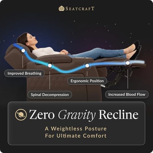 Image of Seatcraft Apex Brown Italian Leather Home Theater Seating, Zero Gravity Power Recliner Chair, Powered Headrest and Lumbar Gaming and Lounge Sofa Furniture for Cinema Room, Row of 2 Loveseats