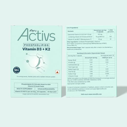 Image of Vitamin D3 K2 Supplement | Liposomal Vitamin D3 600 IU with K2 MK-7 50mcg | Bone, Muscle and Heart Support Phospholipid Bound Capsules for Adults 50+ | 60 Capsules