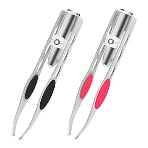 VOANZO 2 pinzas de precisión con luz LED para cejas y pestañas para hombres y mujeres (negro + rojo)