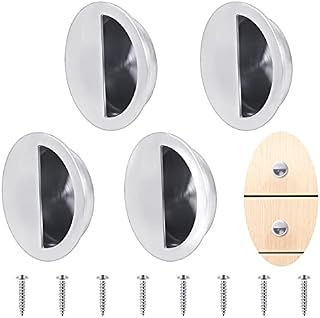 4Pcs Recessed Sliding Door Handles 50mm Round Flush Finger Pull Handles Stainless Steel Flush Pull Handles Recessed Door Handles with 8Pcs Hidden Screws for Cupboard Drawer Cabinet Knob (Silver)