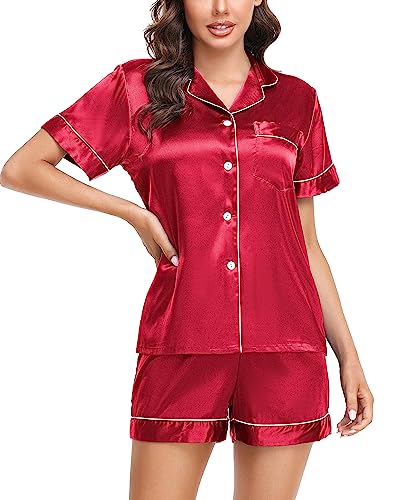 Image of Vlazom Womens Silk Pajamas, Short Sleeve Satin 2 Piece Pj Sets Button-Down Sleepwear Loungewear Pjs Shorts Set S-XXL