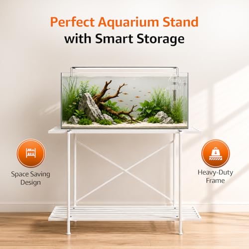 Image of Amazon Basics 2-Tier Fish Tank Stand | Heavy-Duty Metal Aquarium Rack | Adjustable Feet | Multi-Purpose Storage Shelf | Rust-Resistant Powder Coated Finish | Easy Assembly | White | 88L x 29W x 74H cm
