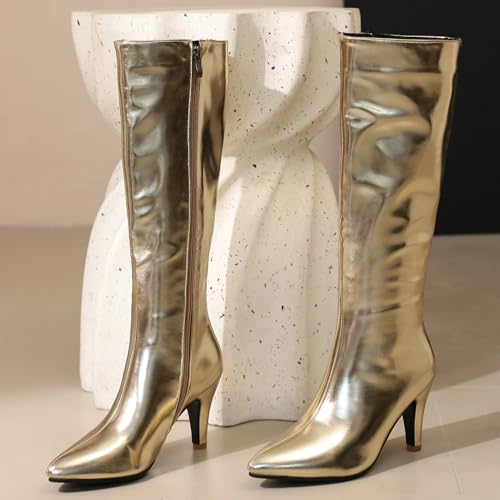 KysBloes Kitten Heel Knee High Pointed Toe Boots for Women High Heel Long Boots with Zipper,Metallic Knee High Boots4