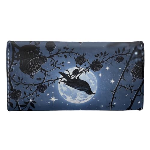 Moon Night Raven Slim Long Wallet for Women Black PU Leather Money Manager, Gothic Rose Thorn Zipper Billfold Wallet Clutch Organizer Credit Card Holder3