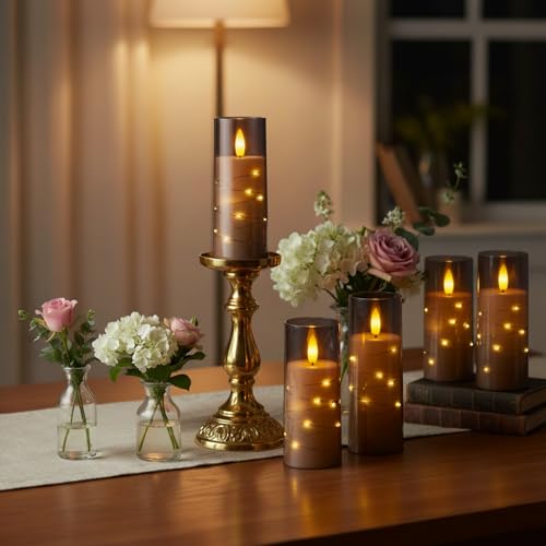 Image of Raycare Flameless Candle with Remote Timer - 5 Flickering Acrylic Battery Operated LED Pillar Candles with Embedded Star String for Christmas, Home Decor, and as a Gift(Grey)