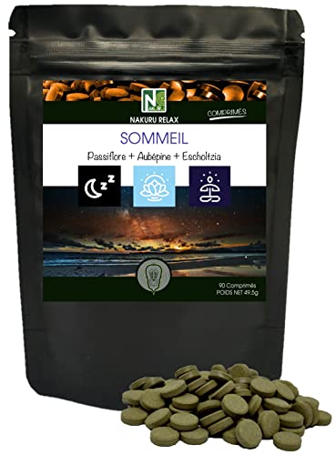 NAKURU | Sommeil = Passiflore + Aubépine + Escholtzia | Gamme Relax | Fabriqué en France | (90 Comprimés de 550mg / Poids Net: 49,5g)