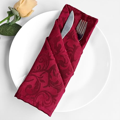 Trimming Shop Lot de 10 serviettes de table en tissu damassé rouge - 50,8 x 50,8 cm - 100 % polyester avec élégant motif floral à volutes pour Noël, mariages, fêtes, décoration d'intérieur -