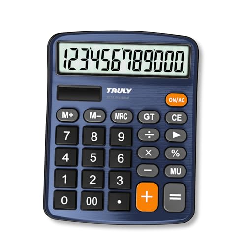 TRULY 12 Digits Desktop Calculator with Large LCD Display and Sensitive Button, Dual Solar Power and Battery, Standard Function for Office, Home, School, Metal Body, 837A Pro Blue