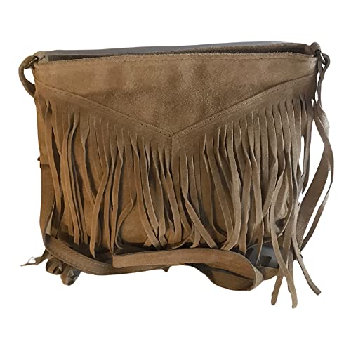 Sac à Main Femme Cuir Veritable Façon Daim Italien à bandoulière Porté Epaule à franges-Beige