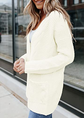 Merokeety Women's Long Sleeve Cable Knit Cardigan Sweaters Open Front Fall Outwear Coat White #TOP5