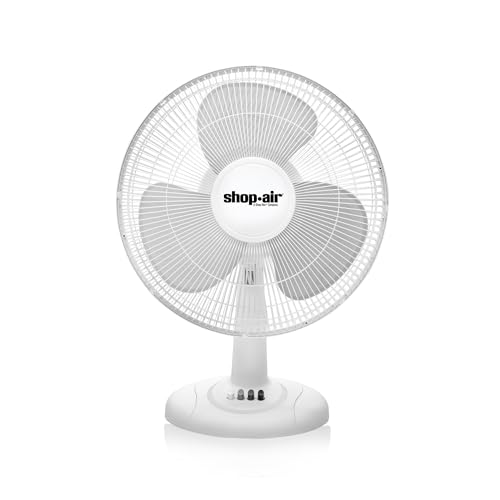 Shop-Air 12\" Oscillating Table Fan, 3 Speeds, High-Velocity, Quiet & Powerful Air Circulation, 70Â° Adjustable Head Tilt,Ideal for Home, Bedroom or Office, White