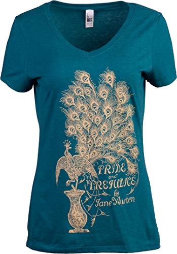 Pride & Prejudice | Jane Austen 1813 Romance Book Club Reader Reading Women's V-Neck T-Shirt Top-(Teal,L)
