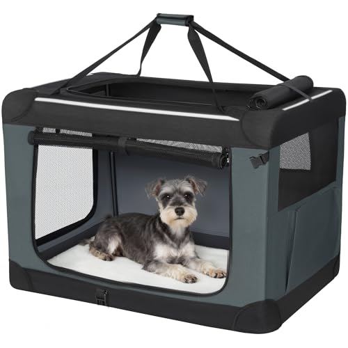 Fobyfurny Hundebox Faltbar, Hundetransportbox Tragbare mit 3-Türen, 60 x 42 x 42 cm, Transportbox Hund Atmungsaktiv, Reflektierenden Verzierungen und Taschen, Oxford-Gewebe, Grau, FPDT001OG1