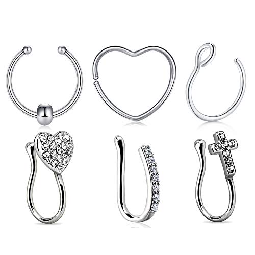 LAURITAMI 16G 20G Fake Nose Piercing Stainless Steel Inlaid CZ Faux Septum Piercing Jewelry Nose Ring Fake Clip on Circle Hoop No Pierced Septum Nose Ring for Women Men