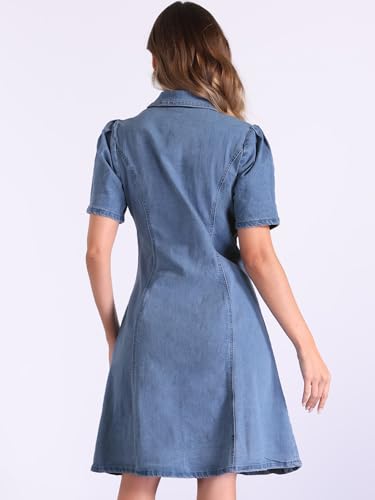 Image of Allegra K Denim Dress for Women's Puff Sleeve Button Down Collared Jean A-Line Dress