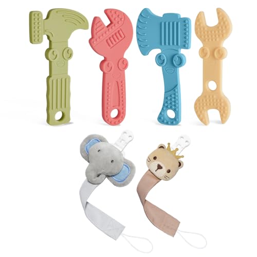Image of TYRY.HU 4 Pack Baby Teething Toys for Babies 0-36 Months with 2 Pack Neutral Pacifier Clip for Baby