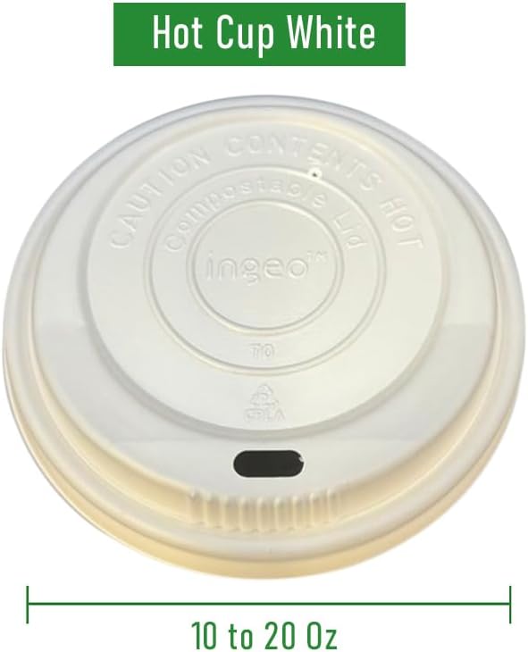 BioGreenChoice CPLA Vented Lids for 10-20 oz Hot Cups White – 1000 Count Compostable Plant-Based Leak-Resistant Coffee Lids for Cafes, Takeout & Catering