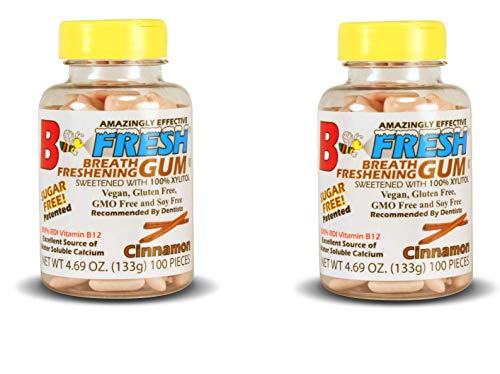 B Fresh Cinnamon Gum, Xylitol Gum, Natural Gum, Vegan, B12, No Sugar, 100 Sugar Free Pieces per Pack - (2 pack), Now with a YELLOW LID