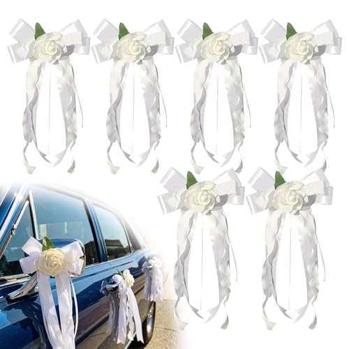 Image of 6PCS Wedding Car Door Handle Flowers, White Artificial Cars Rearview Mirror Bouquet Flower Bowknot Ribbon Decors, Just Married Automotive Decoration Accessories for Door Handles and Rearview Mirrors