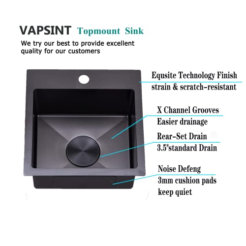 Vapsint 15X15 Modern Commercial Topmount Drop In Black Bar Sink,Single Bowl Bar Rv Kitchen Sink With Stainless Steel Grid&Strainer #TOP3