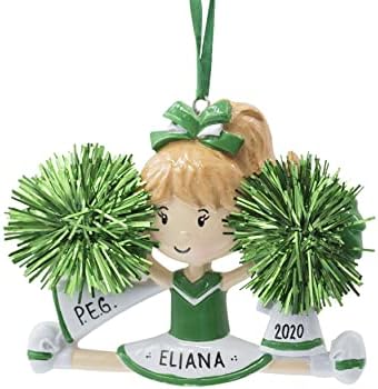 UniqXmas Personalized Cheerleader Christmas Ornament 2023 - Free Customization | Cheer Girl Dancer Figurine Cheerleading with Real Green Pompom for Xmas Tree | Unique Keepsake - Custom Name & Year