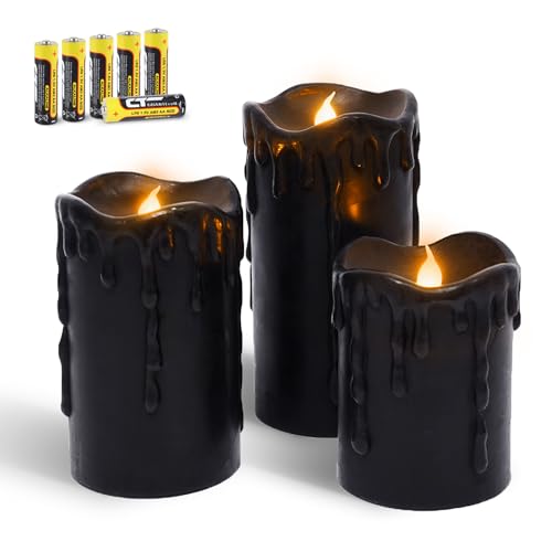 Image of Rhytsing Set of 3 Black Flameless Pillar Candles Real Wax Dripping Design, Battery Operated Led Candles with Timer for Halloween, 6 Batteries Included