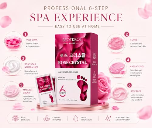 Image of Rose Crystal Manicure Pedicure Kit for Women | 6 Step Luxury Hand & Foot Spa Kit | Tan Removal, Dead Skin Removal & Soft Smooth Skin | Rose Extracts & Crystal Minerals | Salon Mani Pedi at Home
