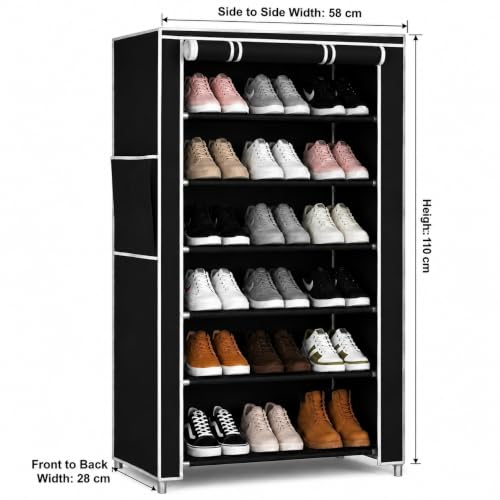Image of EASY BUY Economy 6 Shelf Black Shoe Rack with Cover, Plastic Rack 6 Shelves with Zip Door Cover & Side Pocket | Dustproof Storage Organizer for Footwear, Clothes, Toy, Shoe Rack Plastic, Slipper Stand
