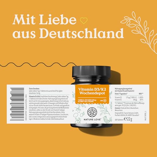 Nature Love Vitamin D3 K2 Wochendepot - 180 vegane Tabletten - 7000IE D3 + 140µg K2 pro Tablette mit 99,7% all-trans - Hochdosiert & vegan - Laborgeprüft, in Deutschland produziert