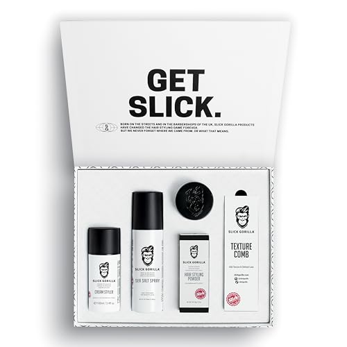 Slick Gorilla Set de Peinado Completo – Set de Regalo con Polvo, Lightwork, Crema Estilizadora, Spray de Sal Marina y Peine Texturizador para Cabello Liso,Ondulado o Rizado