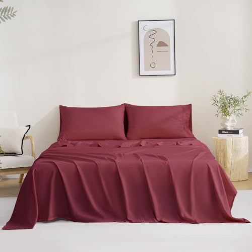 4 Piece King Size Sheets Set, Breathable & Cooling King Sheets Set-Burgundy - image 8