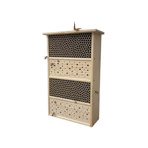 Relaxdays Bienenhotel, Holz, Pappröhrchen, HxBxT: 40 x 26 x 10,5 cm, Garten, Balkon, Insektenhotel zum Aufhängen, Natur