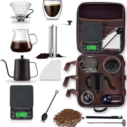 BuzyBe 15 in 1 V60 Pour over Coffee Maker Set with Coffee Scale Glass Dripper Hand Grinder Pour Pot Paper Filters Double Mugs Manual Coffee Brewing Kit for Travel Camping Home