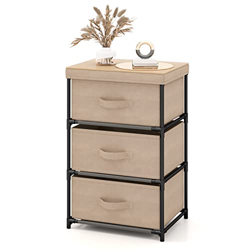 COSTWAY Cómoda de 3 Niveles de Tela, Mesilla de Noche de Tela con 3 Cajones, Unidad de Organización para con Estructura Metálica, Cómodas de Cajones para Dormitorio Pasillo y Entrada (Café, 1)