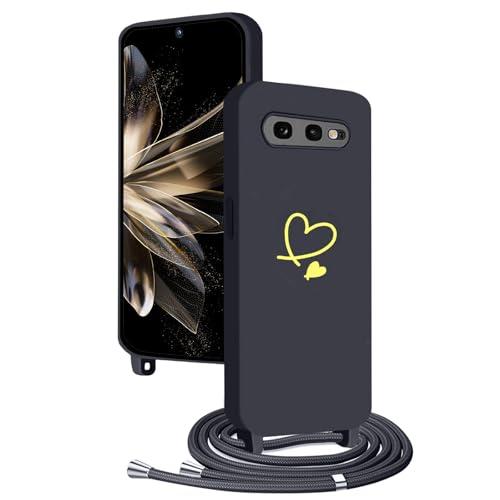 YANJIEER Funda para Samsung Galaxy S10E con Cuerda, Carcasa Bonito Patrón de Corazón para Niñas Mujeres, Ajustable Correa de Cuello Cadena, Silicona Fina Cover Cordón Case Negro