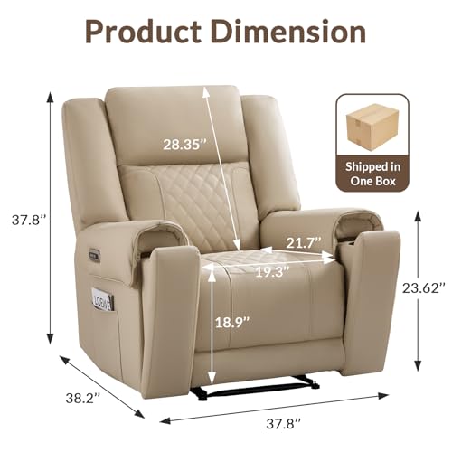 ANJ Top-Grain Genuine Leather Power Recliners for Adults, Classic Electric Recliner Chairs with Power Headrest & 2 Cup Holders, Overstuffed Heavy Duty Reclining Sofa for Living Room Bedroom, Beige - Image 3