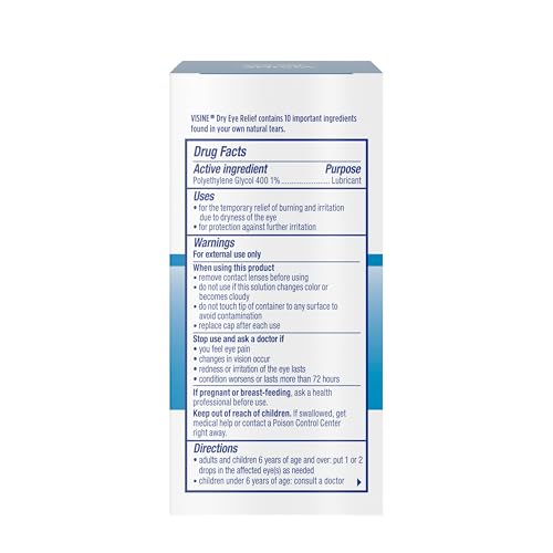 Visine Dry Eye Relief Lubricant Eye Drops to Moisturize and Soothe Irritated, Gritty and Dry Eyes, Designed to Work Like Real Tears, Polyethylene Glycol 400, 0.5 fl. oz, 2 Pack